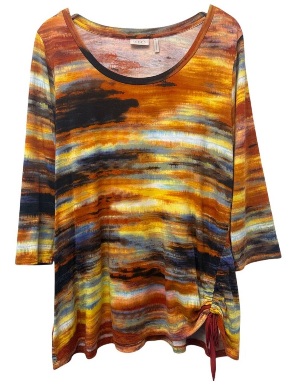 LOGO Lori Goldstein Womens Tunic Tee XL Orange Abstract Top Ruched Side Tie